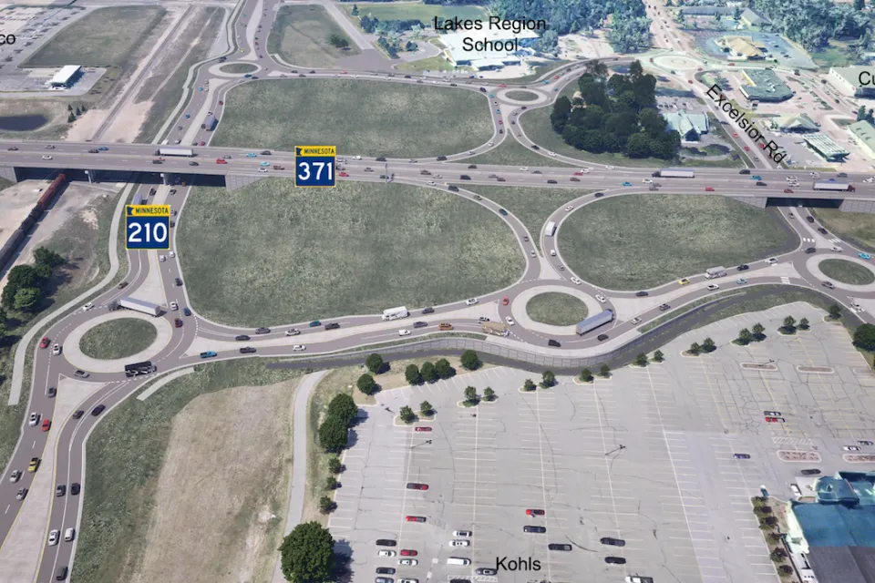 Rendering of new roundabouts at highway intersection in Baxter, Minnesota surrounded by Costco and other large stores.